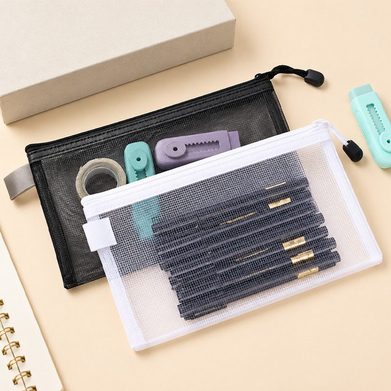 Transparent Mesh Pencil Case Nylon Student Storage Zipper Pouch Exam ...