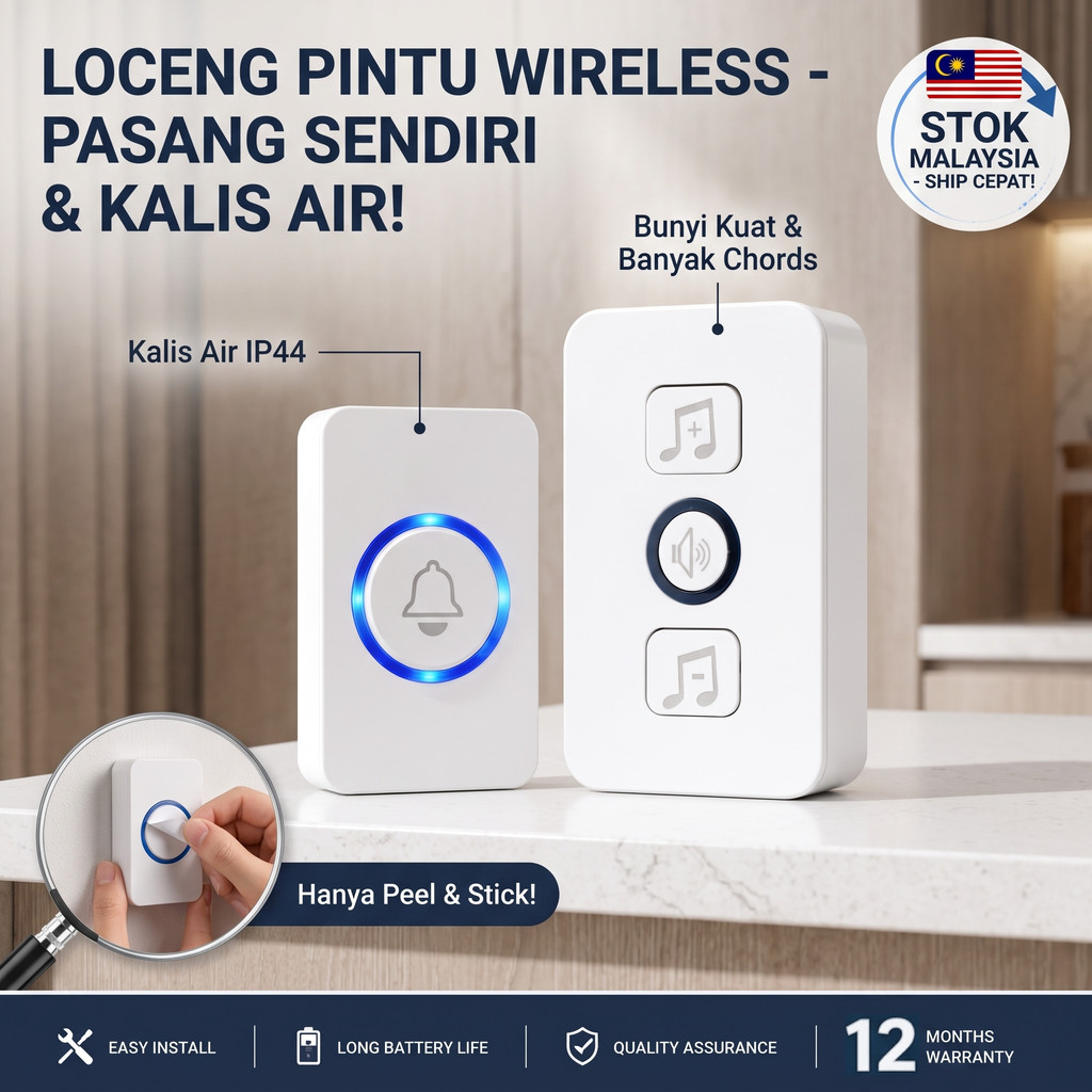 Loceng Pintu Rumah Wireless Doorbell UK Plug IP44，Waterproof 150M 38 ...