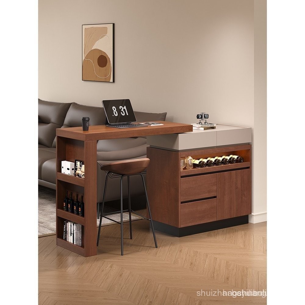 Retractable Bar Table Integrated Cabinet Solid Wood Dining Side Cabinet ...