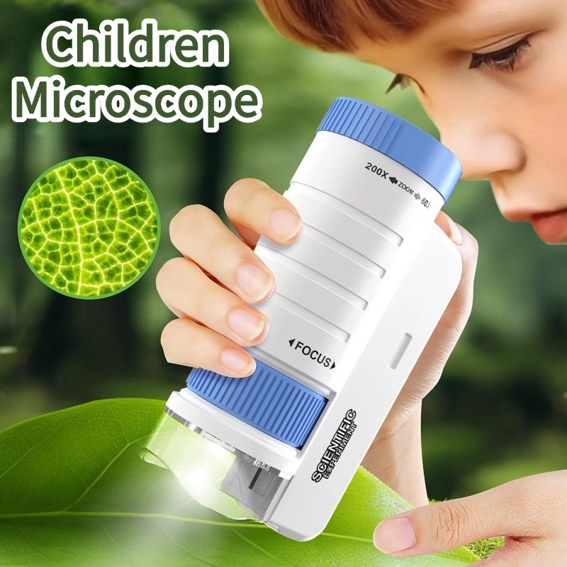 60-200X Zoom Handheld Microscope with LED Light for Kids Science ...