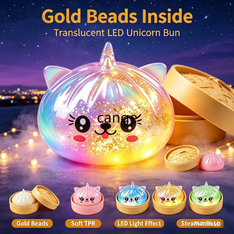 LED Unicorn Bun Squishy Toy 8.5cm Glitter Bead Squeeze Fidget Toy With ...