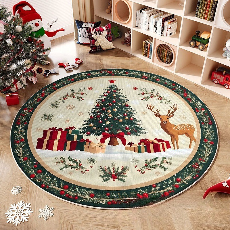 Festive Snowflake Christmas Tree Round Rug Holiday Decor Cozy Living ...