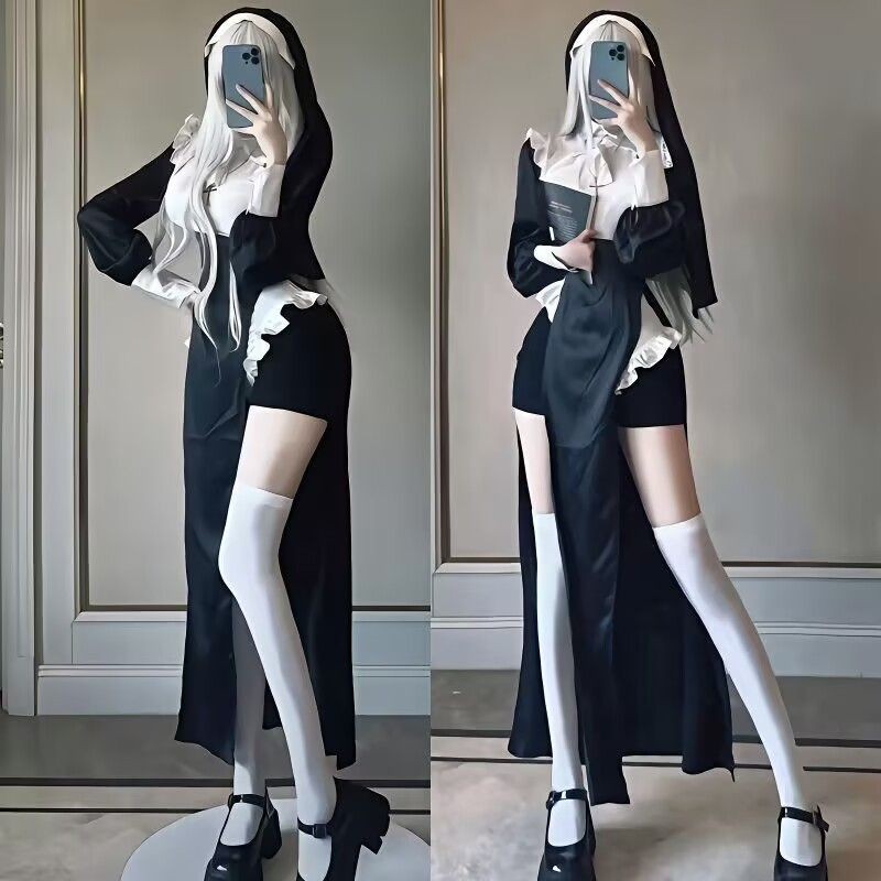 万圣节修女服cos女装感紧身修女服cosplay表演服制服可爱连衣裙Halloween Nuns Coat Cos Women's Tight ...