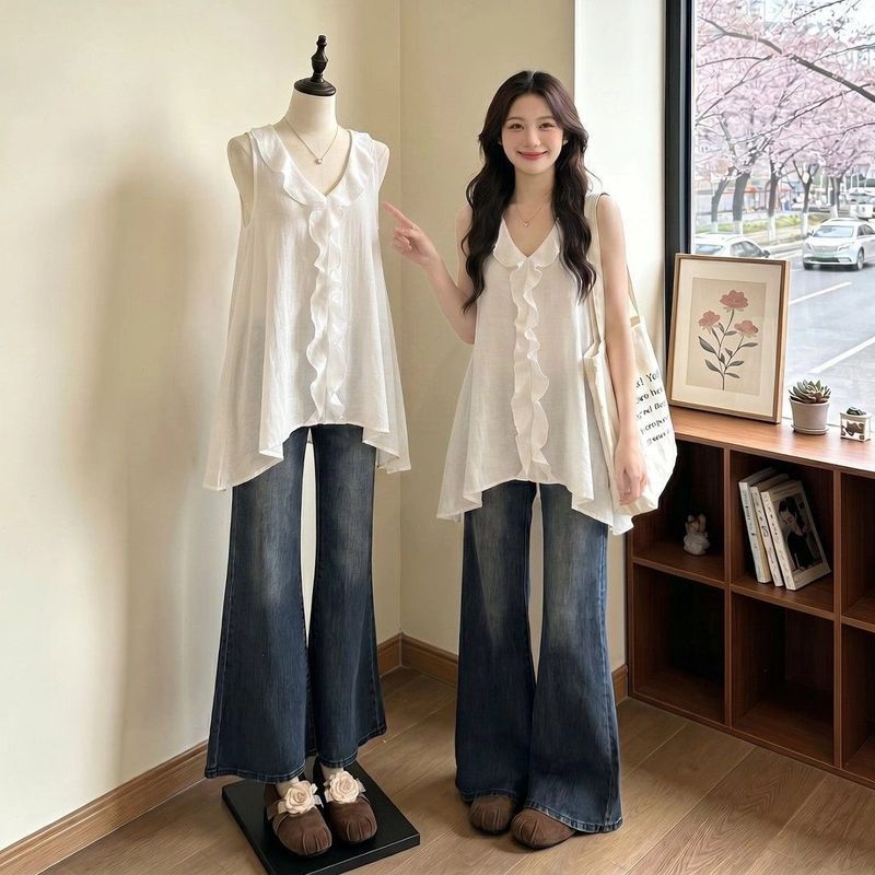 Korean Style Casual Ruffled Stitching V-Neck Loose Sleeveless Camisole ...