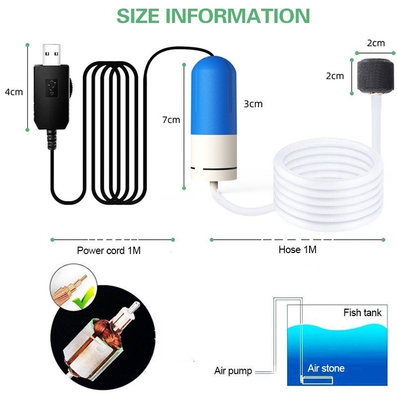 Portable Aquarium Air Pump USB Rechargeable Adjustable Speed Ultra ...