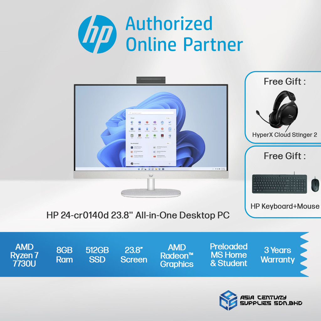 HP Desktop All In One 24-cr0140d PC (Shell White) 23.8'' Non-Touch ...