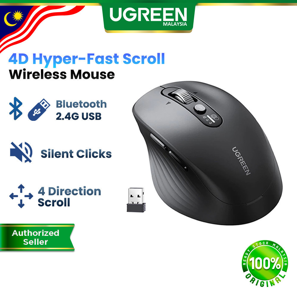 UGREEN 4D Hyper Fast Scroll Wireless Ergonomic Mouse Bluetooth 2.4G USB ...