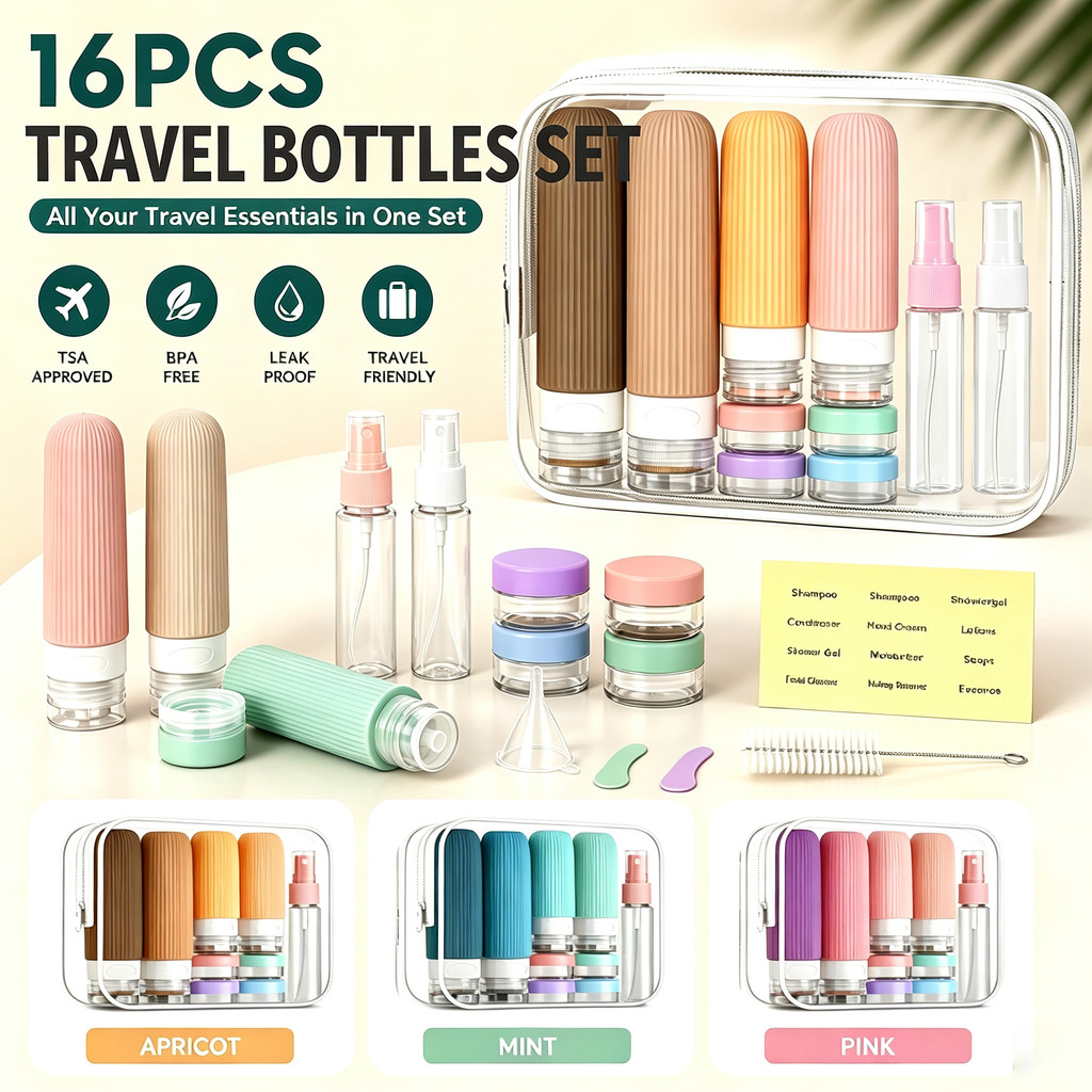 16Pack Travel Bottles Set TSA Approved Leak Proof Silicone Squeezable ...