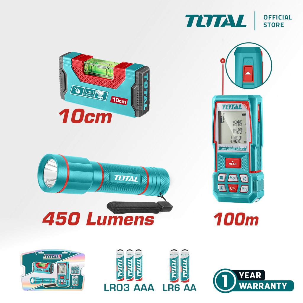 TOTAL Tools 3 Pcs Combo Kit (Laser Distance Detector + Spirit Level ...