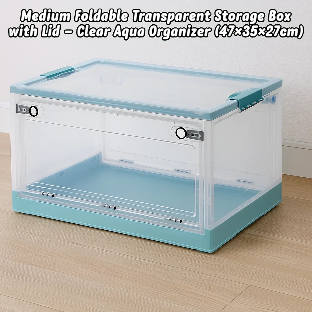 Medium Foldable Transparent Storage Box with Lid – Clear Aqua Organizer ...