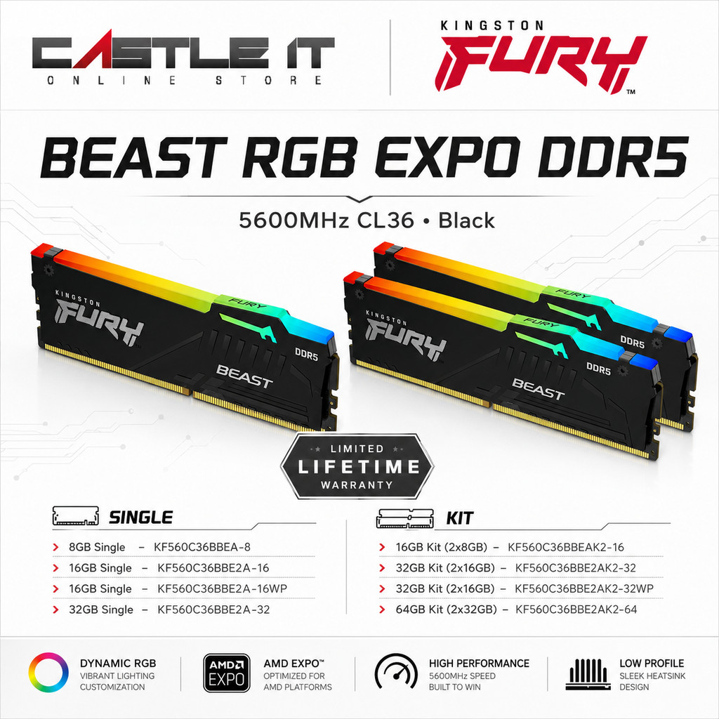 Kingston FURY Beast RGB EXPO DDR5 8GB 16GB 32GB 64GB 6000MHz CL36 Black ...