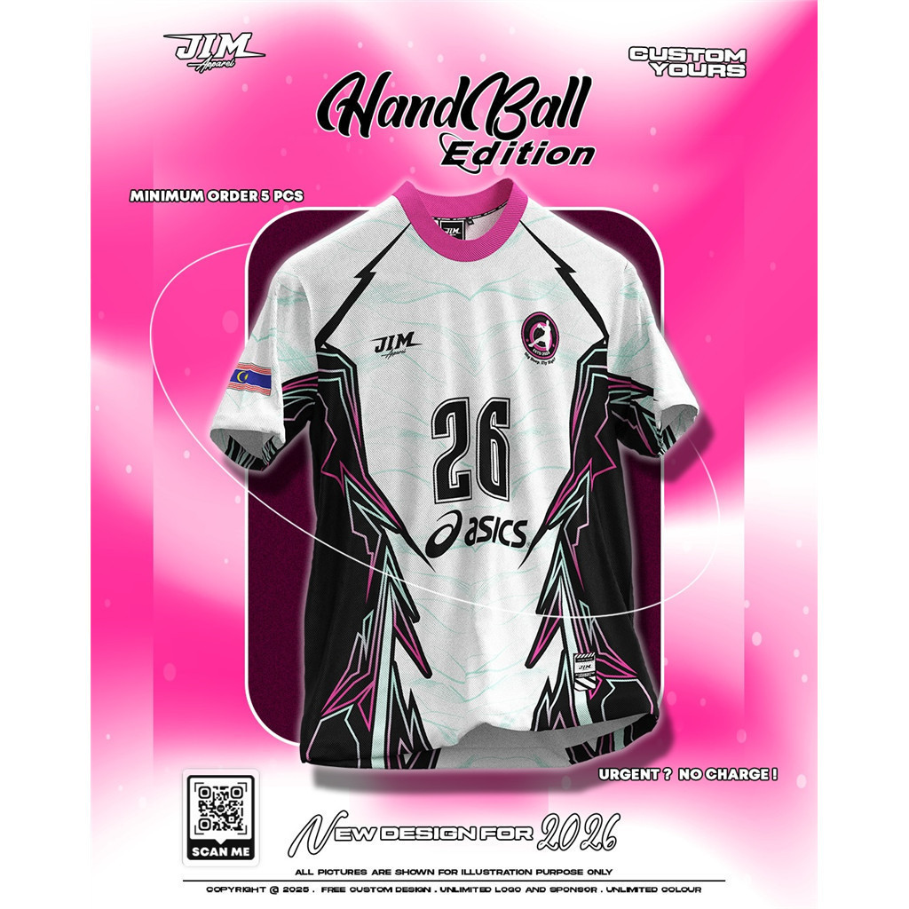 Custom Handball Jersey Malaysia White Black Pink Full Sublimation Quick ...