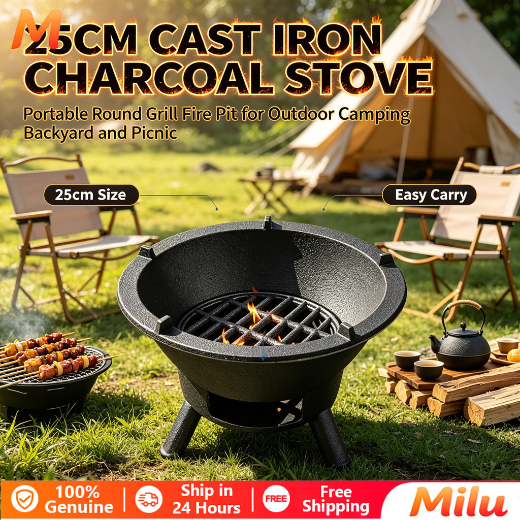 Heavy‐Duty Cast Iron Round Charcoal Stove Portable Camping Grill for ...