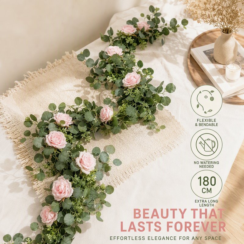 Artificial Rose Vine Silk Flower Garland Eucalyptus Leaf Rattan Wedding ...