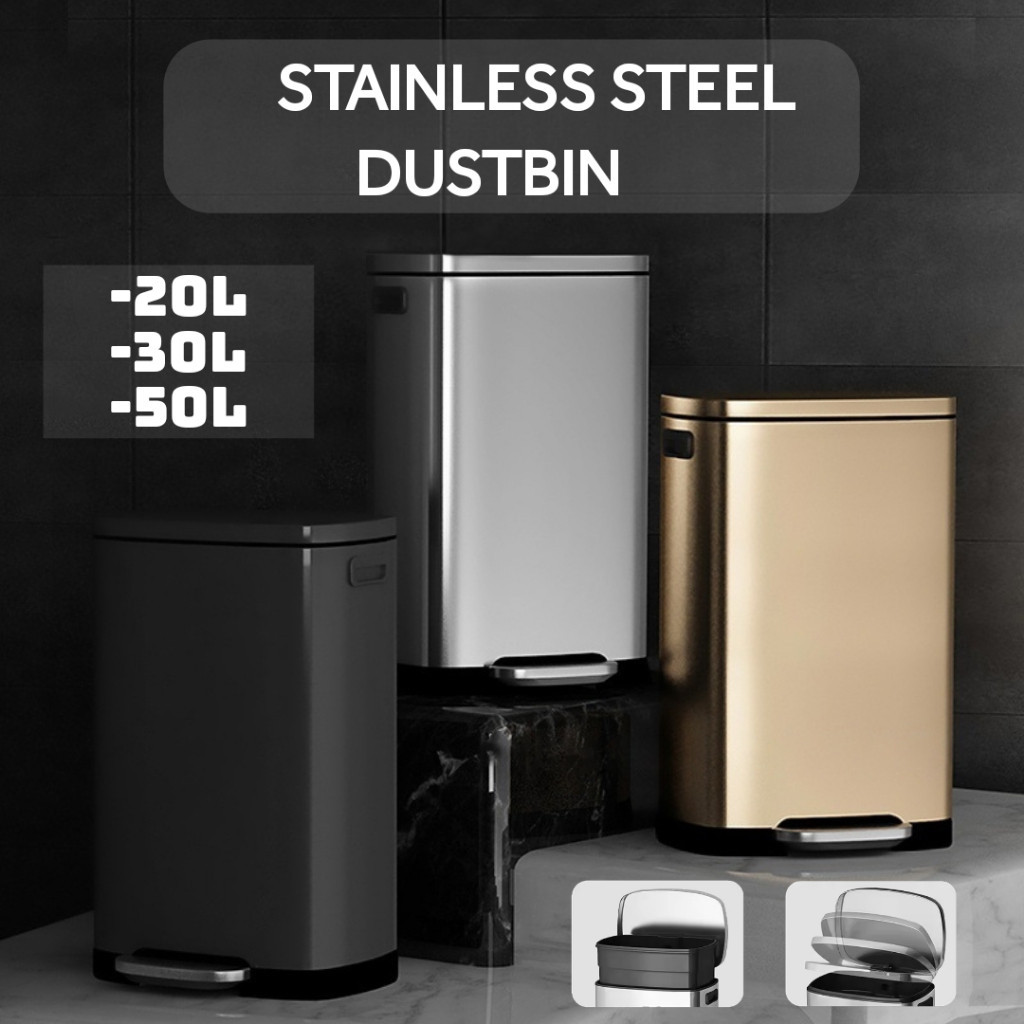 Stainless Steel Dustbin Kitchen Bedroom Tong Sampah Bertutup 20L 30L ...