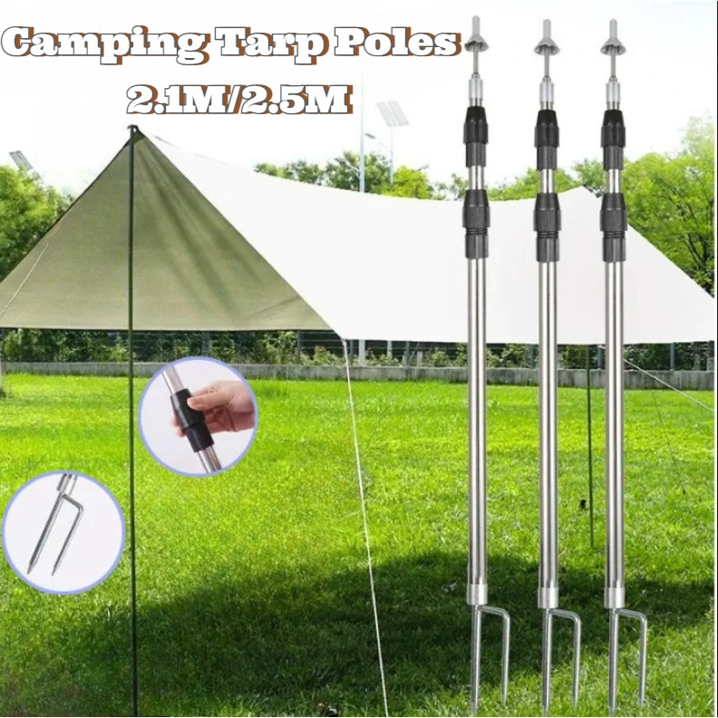 2.1M/2.5M Adjustable Tarp Camping Tent Pole Stainless Steel Canopy ...