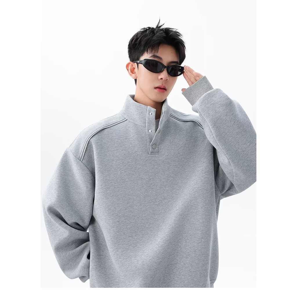 MoveDing Youthful Black Pullover with Modern Stand-Up Collar and Three ...