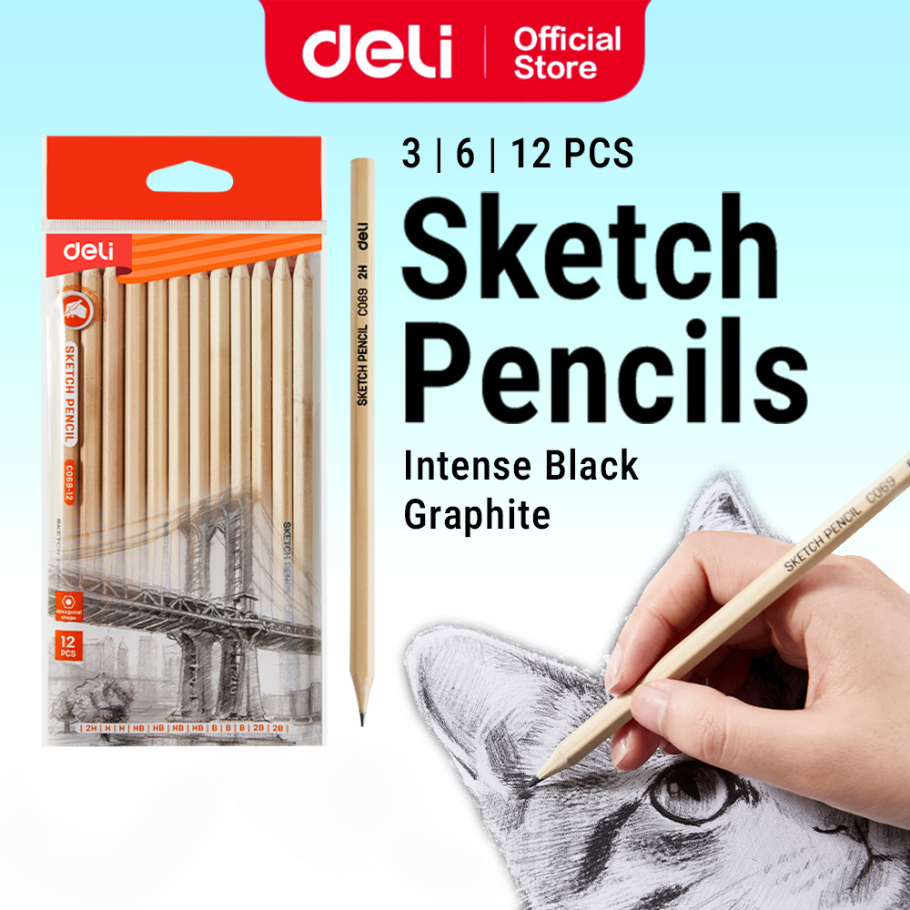 Deli Sketch Pencil 2H H HB B 2B Smooth Writing Drawing Pensel Graphite ...