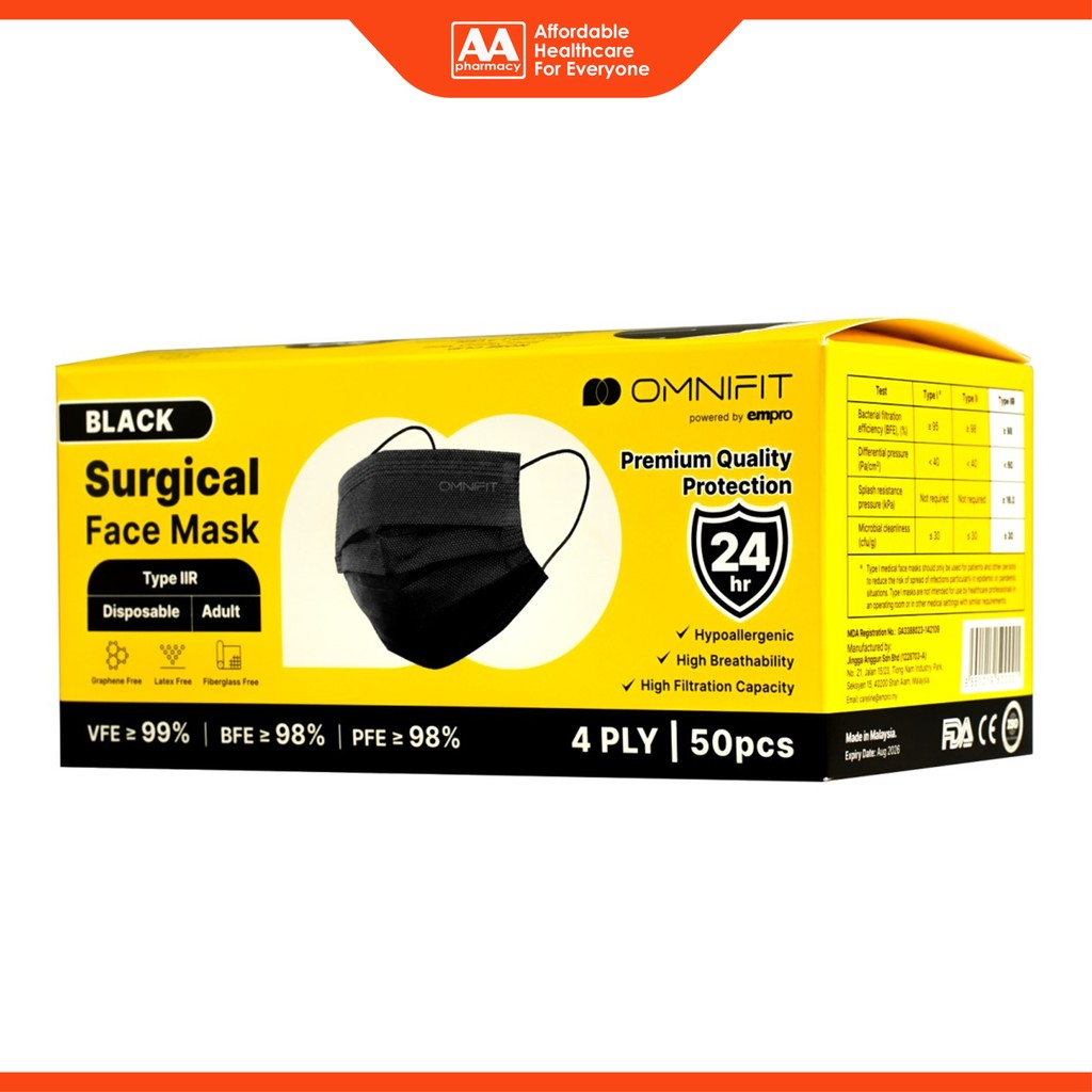 Omnifit Surgical Face Mask - 4 ply, Black (50's) | Shopee Malaysia