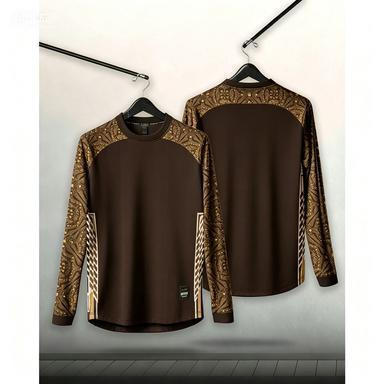 Deep brown patterned long sleeved shirt with ethnic style connection ...