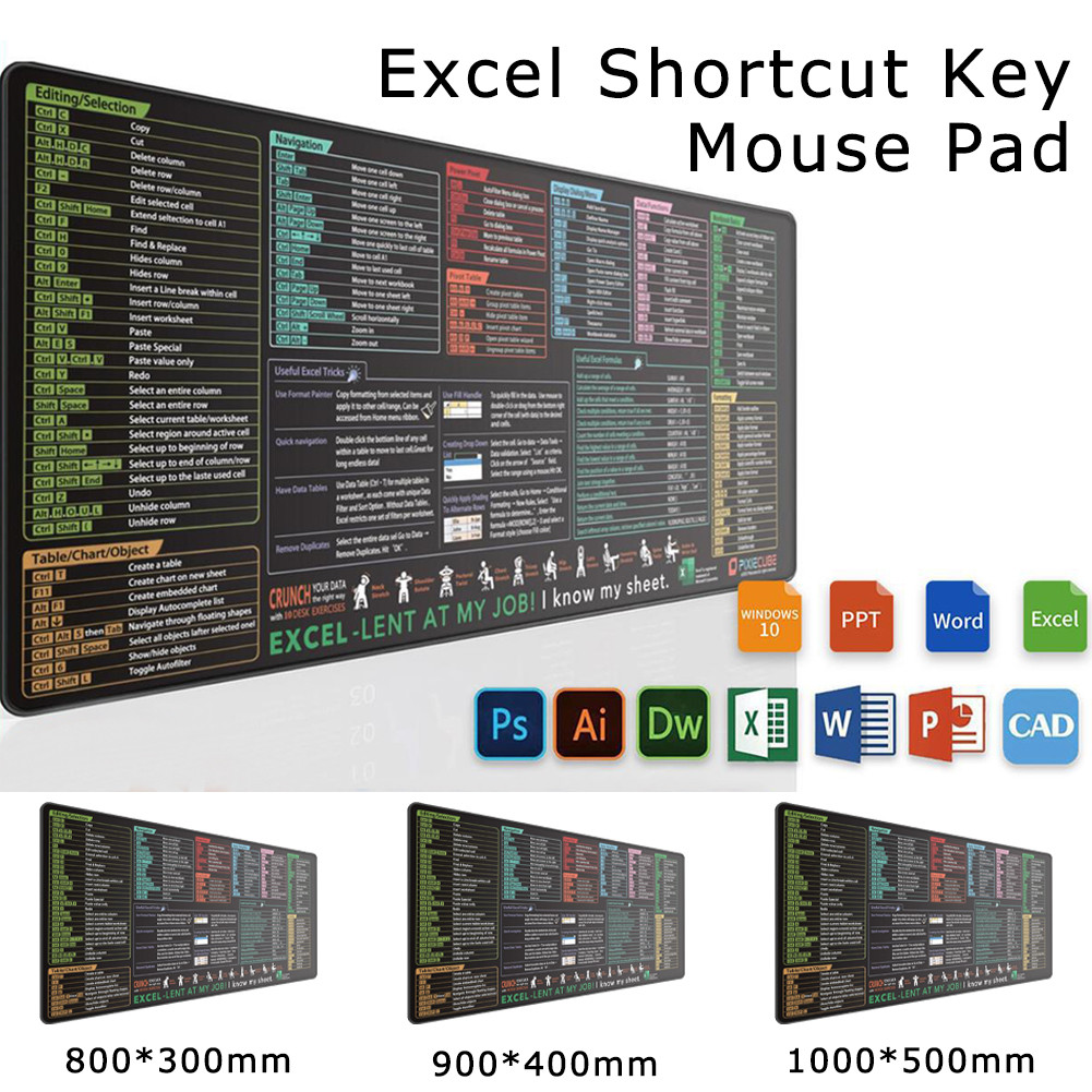 Excel Shortcut Guide Gaming Mouse Pad Large Office Desk Mat Anti-Slip ...