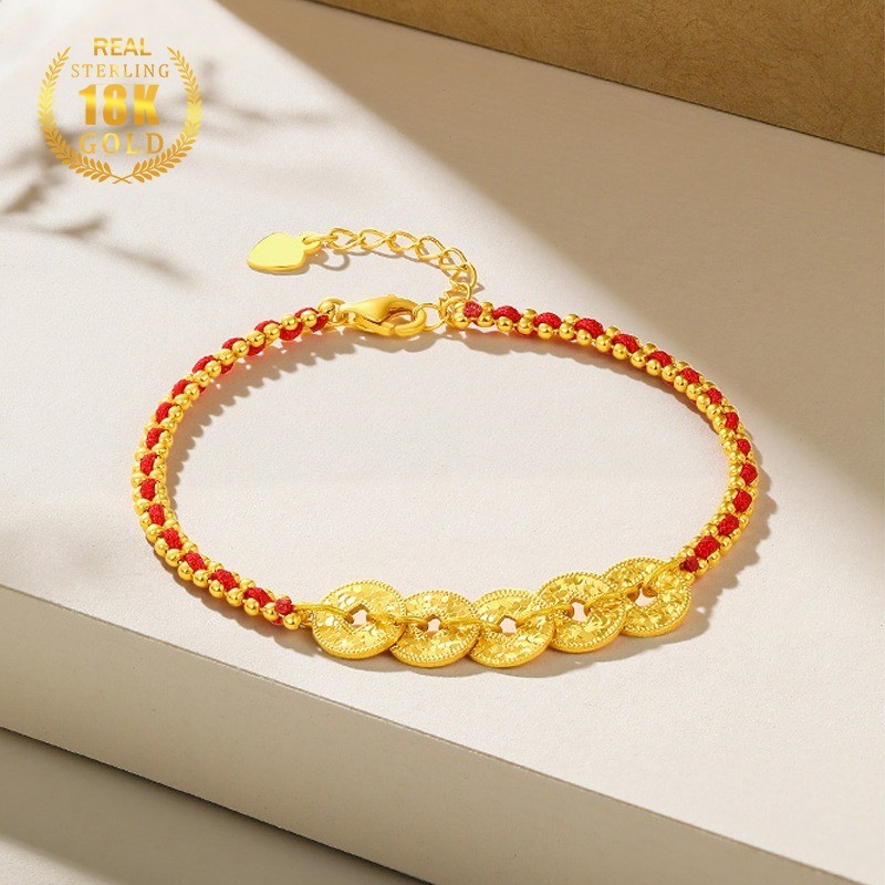MERAH New Chinese Style 18K Gold Super Shiny Five Emperor Coin Red Rope ...