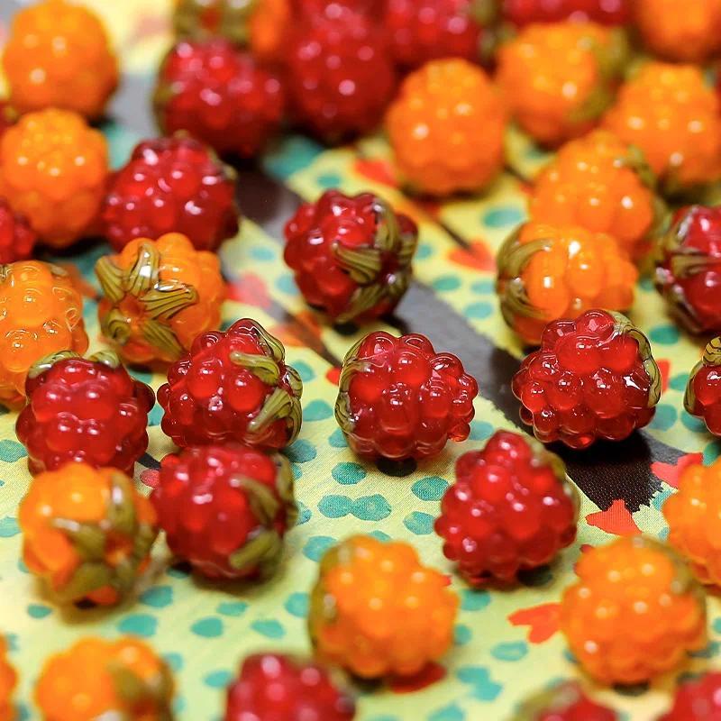 5pcs Handmade Glass Raspberry Beads Vibrant Red with Green Leaf Accents ...
