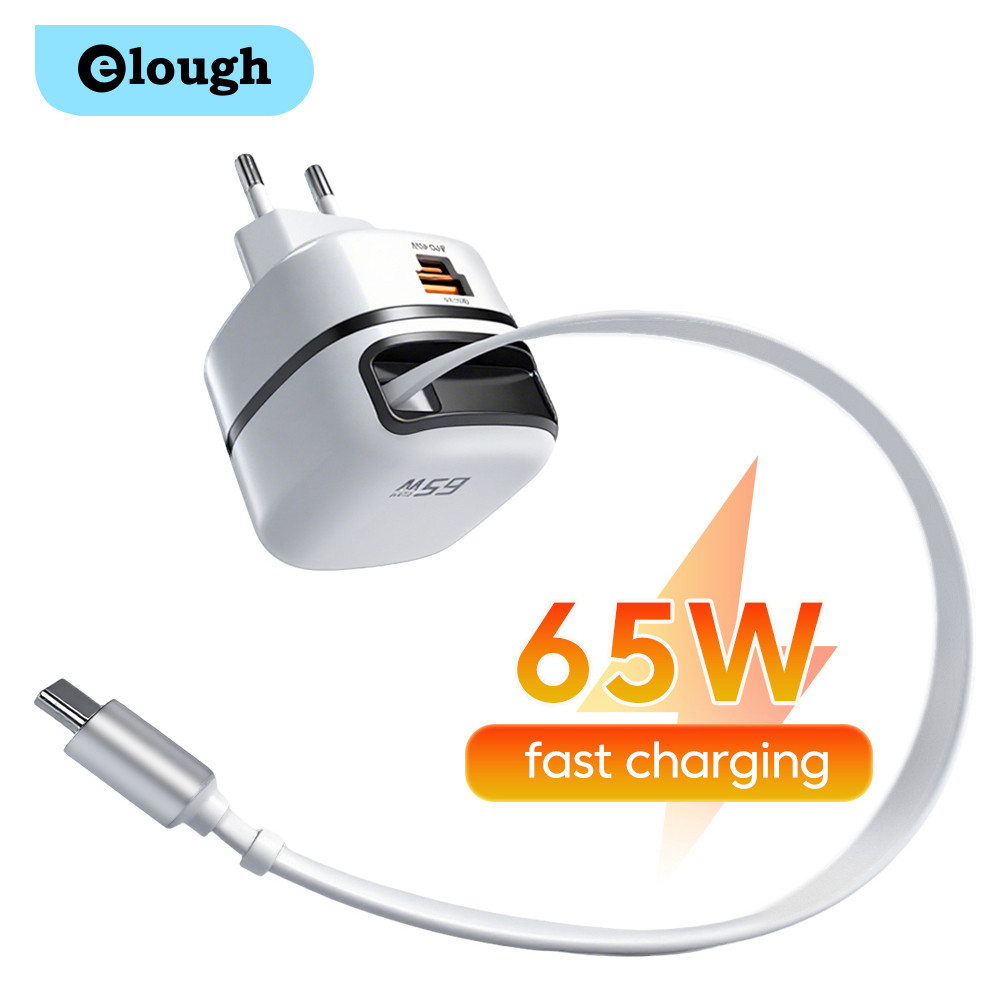 Elough 65W Fast Charger USB Type C Phone Charger With Retractable Type C Cable Fast Charging Wall Charger Adapter