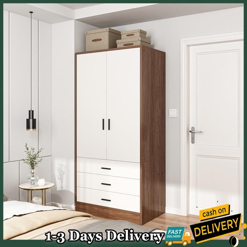 2 doors wooden wardrobe multifunctional wardrobe With hanging pole ...