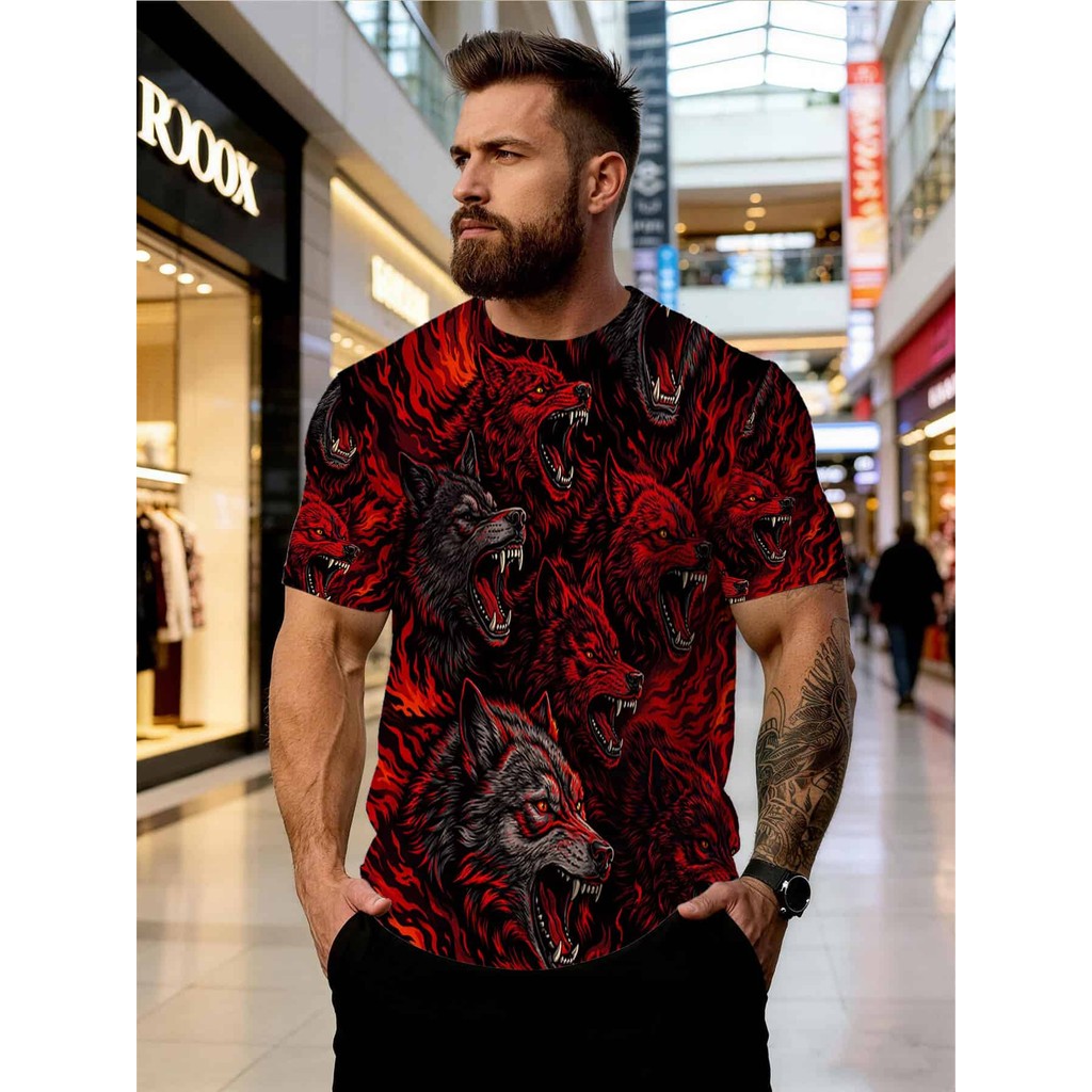 Men Black Full Print T-Shirt Red Flame Angry Wolf Pack Front Print Crew ...
