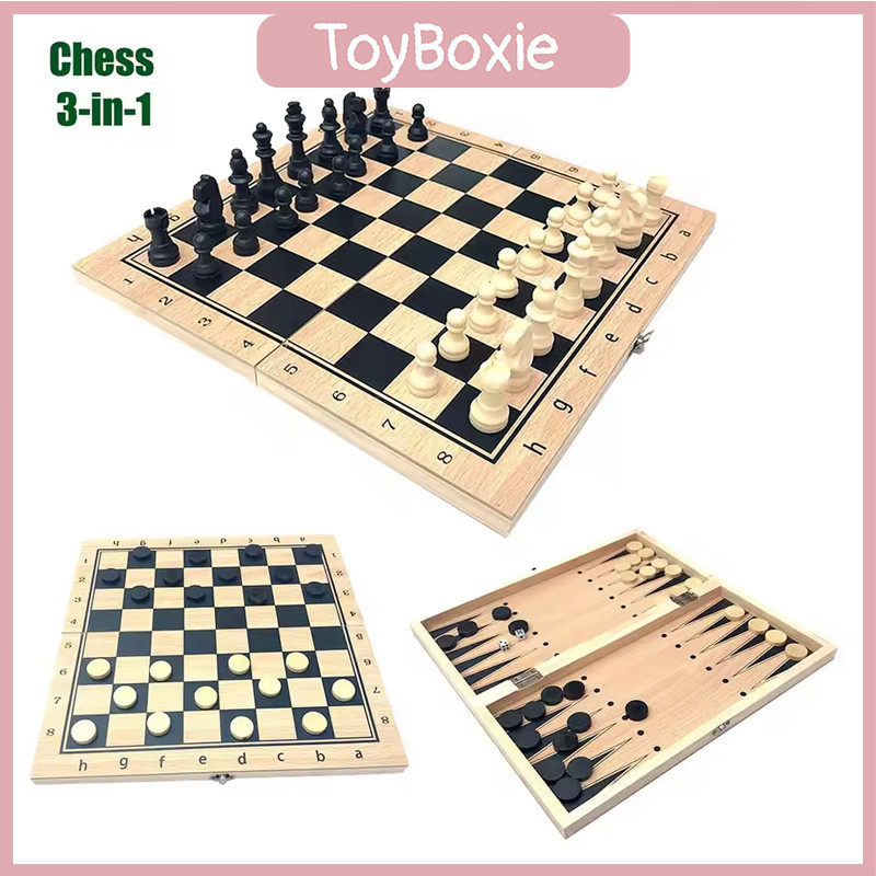 3 in 1 Chess Backgammon Checkers Set Wooden Portable Chess Board Board ...