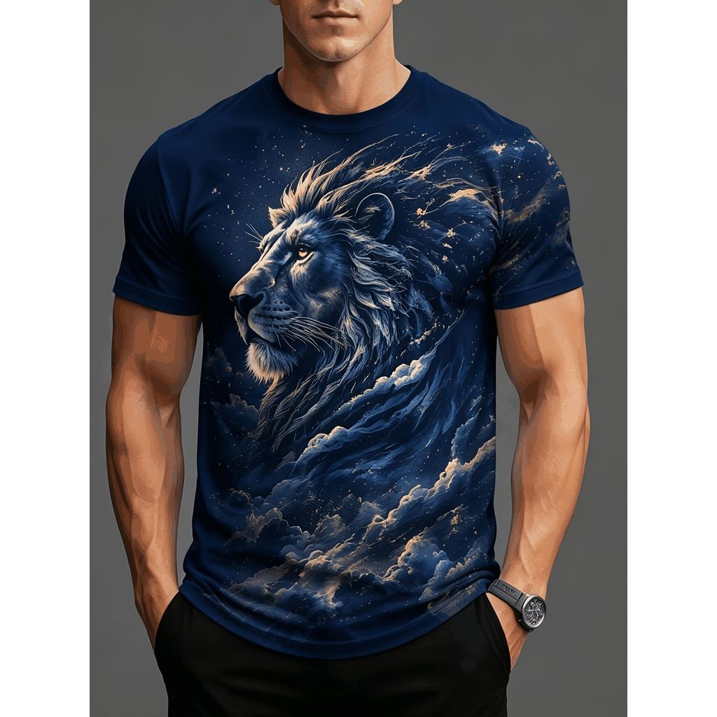 Men Navy Blue Graphic T-Shirt Galaxy Cloud Lion Head Front Print Crew ...