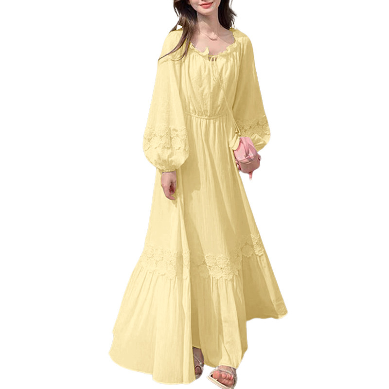 ZANZEA Women's Casual A-Line Maxi Dress with Crew Neck, Lantern Sleeves &  Lace Patchwork