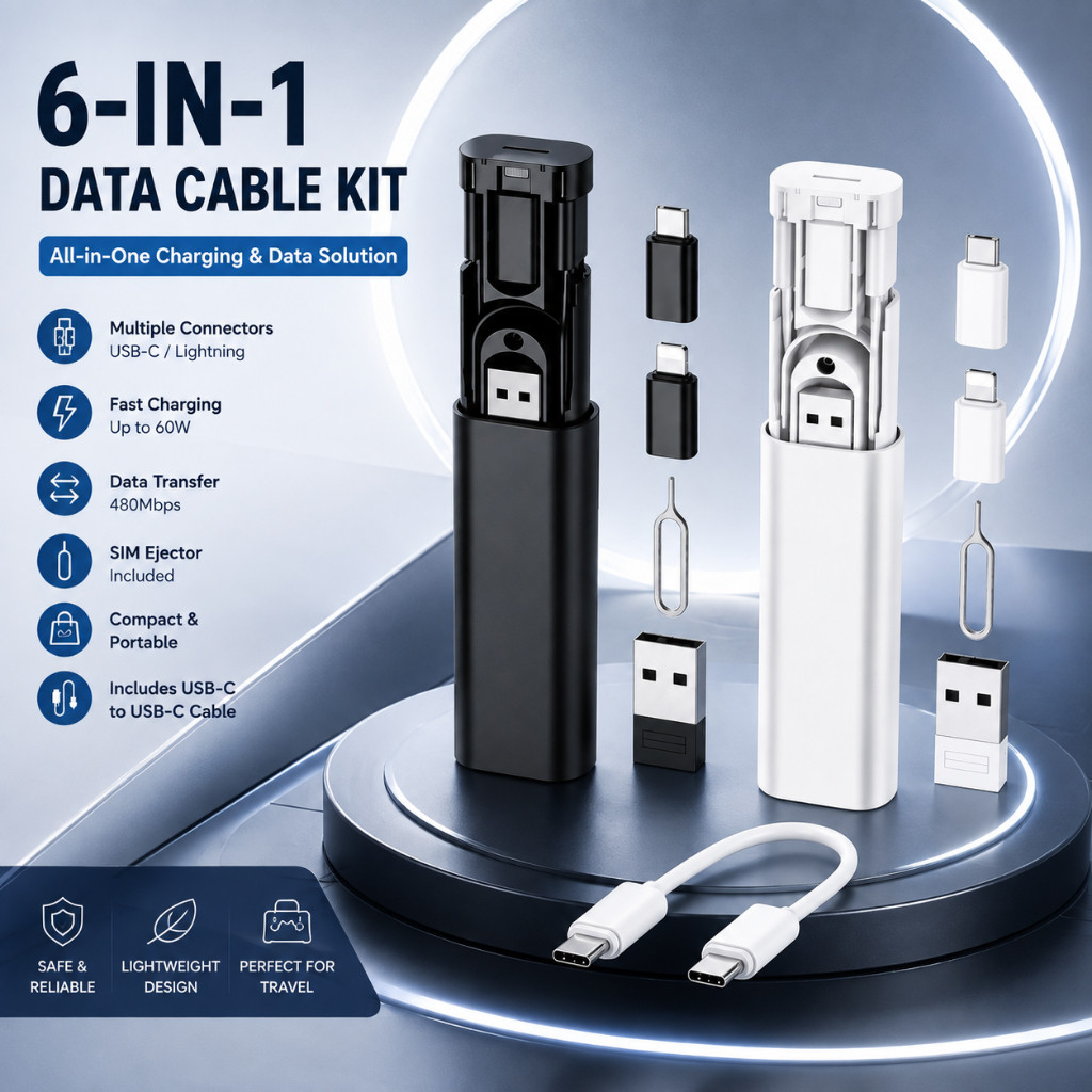 60W Multifunctional Data Cable Storage Box Portable 6 in 1 Dual Type-C ...