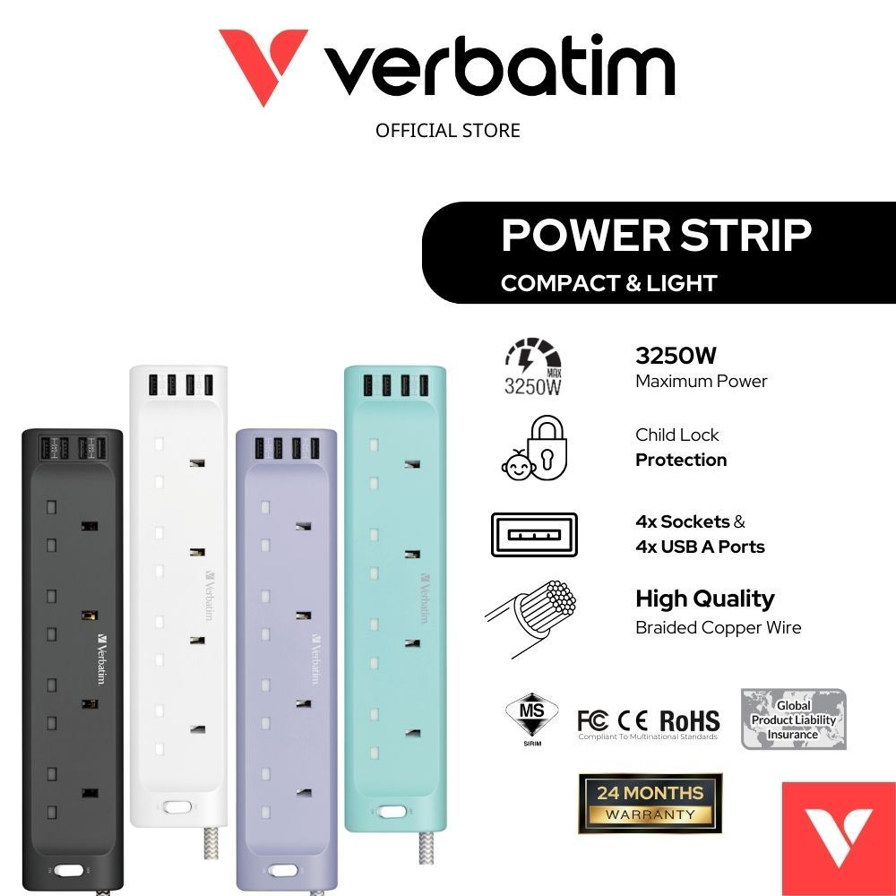 Verbatim 66685 66686 66687 66688 Power Strip 4 Outlets with 4 USB 1.8m ...