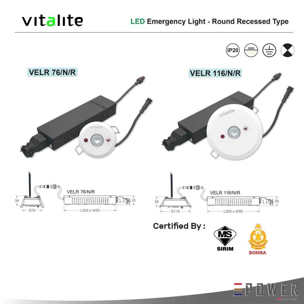 VITALITE LED EMERGENCY LIGHT ROUND RECESSED VELR116/N/R VELR76/N/R WITH ...