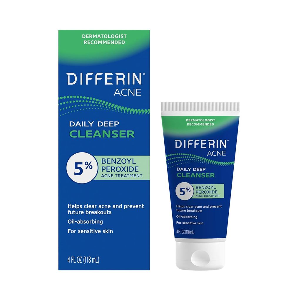 Differin Acne Face Wash with 5% Benzoyl Peroxide, Daily Deep Cleanser ...