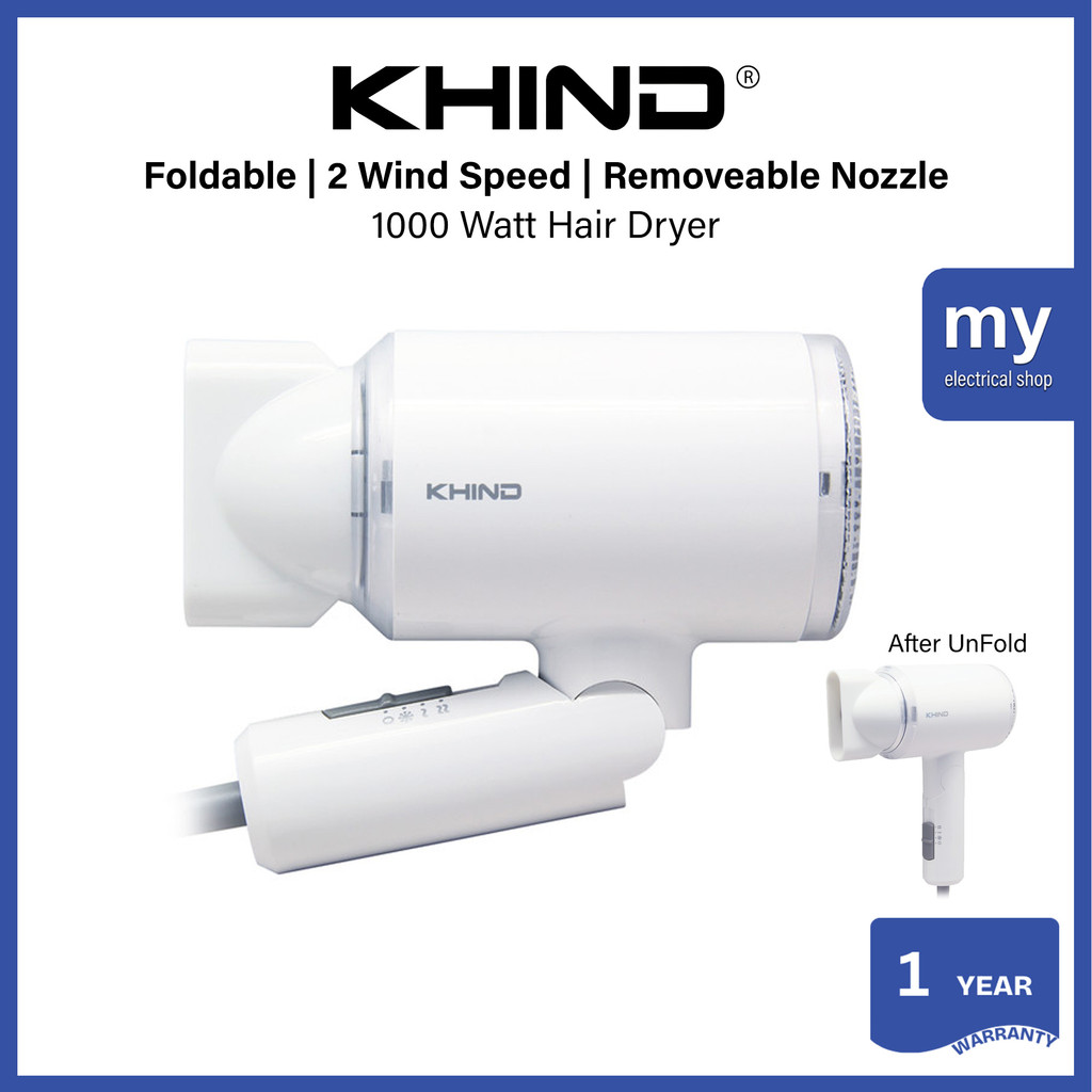 Khind HD1002 Foldable 1000 Watt Hair Dryer Travel Compact Small Space ...