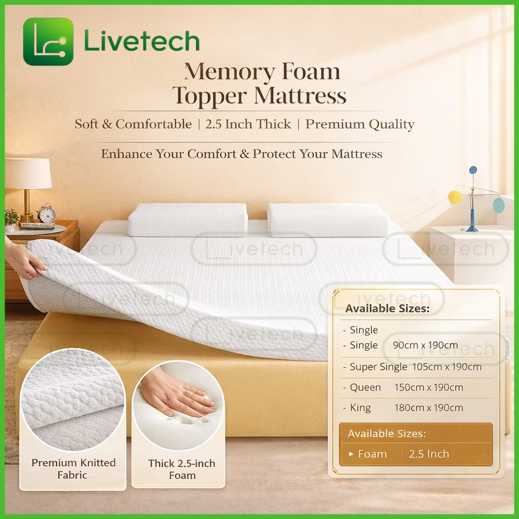 LiveTech Memory Foam Topper Mattress King Queen Single Super Single ...