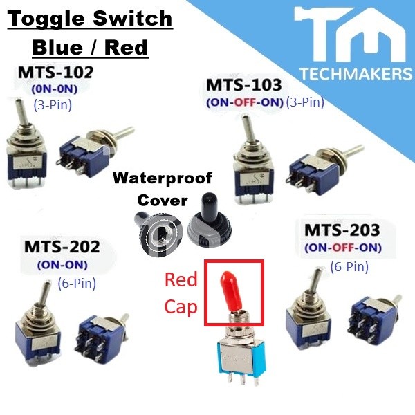 Toggle Switch MTS-102 103 202 203 2-Pos 4-Pin (ON-ON)/3-Pos 6-Pin (ON-OFF-ON) Blue/Red Waterproof Cover Arduino