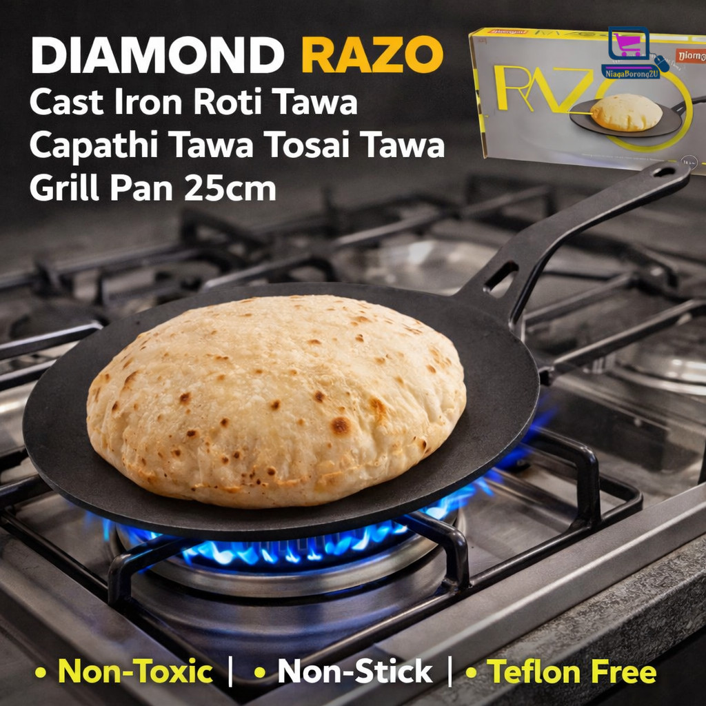 DIAMOND RAZO 25cm Cast Iron Roti Tawa Chapati Tosai Grill Pan Durable ...
