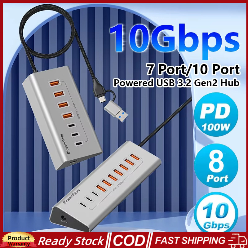 Blueendless Aluminium USB3.2 Gen2 10Gbps 7ports 10 Ports USB-C Hub 7 In ...