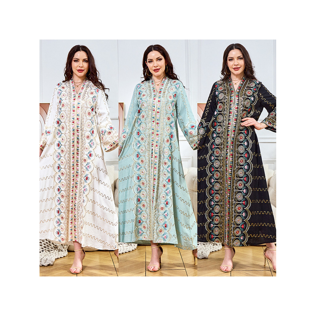Middle Eastern Arabian Robe Dress with Sequins - V-Neck Loose Fit ...