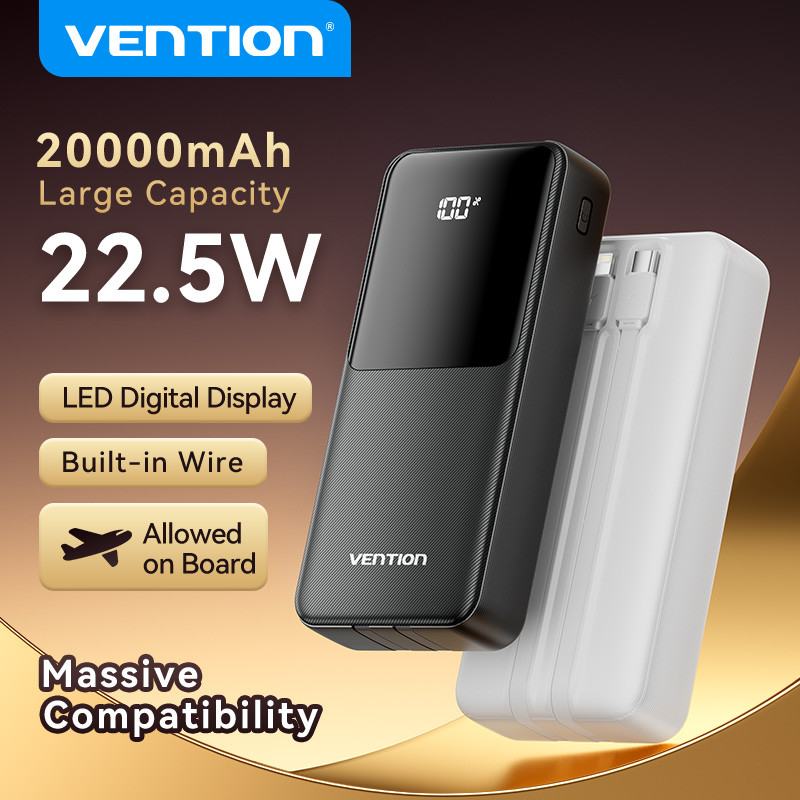 Vention 22.5W PowerBank 20000mAh Built in Dual Fast Charging Cable Power Bank Portable Battery Charger For iPhone 15 14 13 Pro Max Xiaomi Samsung