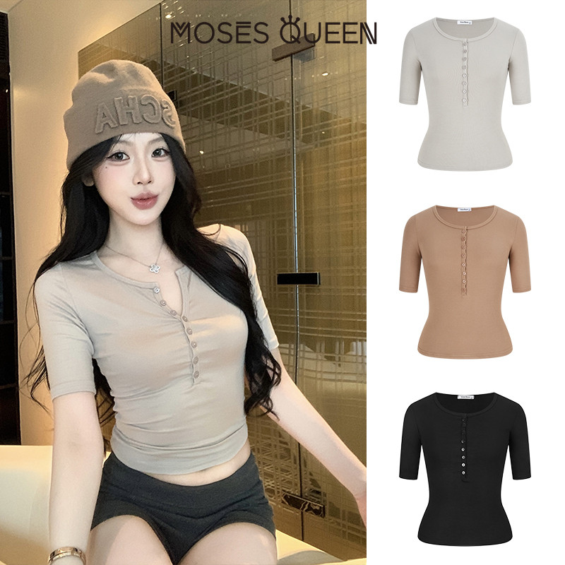 Moses Queen Basic Crew Neck Top with Chest Buttons - Soft & Breathable ...