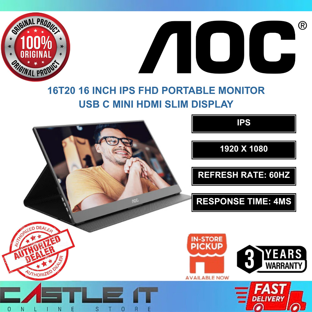 AOC 16T20 16 Inch IPS FHD Portable Monitor USB C Mini HDMI Slim Display ...