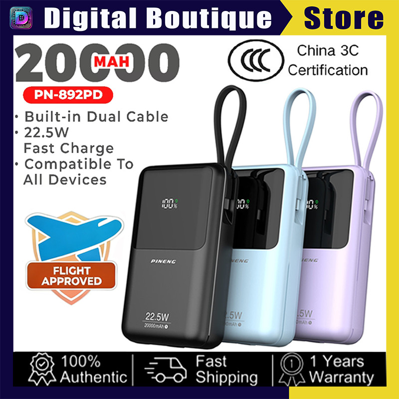 (3C Certified) Pineng PN-892PD 22.5W 20000mAh Slim Portable Powerbank with Fast Charge Built-in Cable PN892