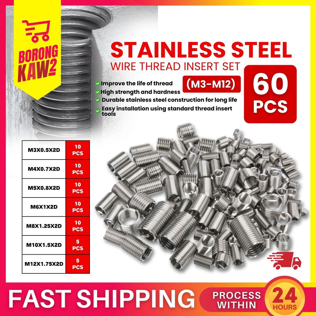 60PCS Stainless Steel Wired Thread Insert Set Repair Tools Metric ...