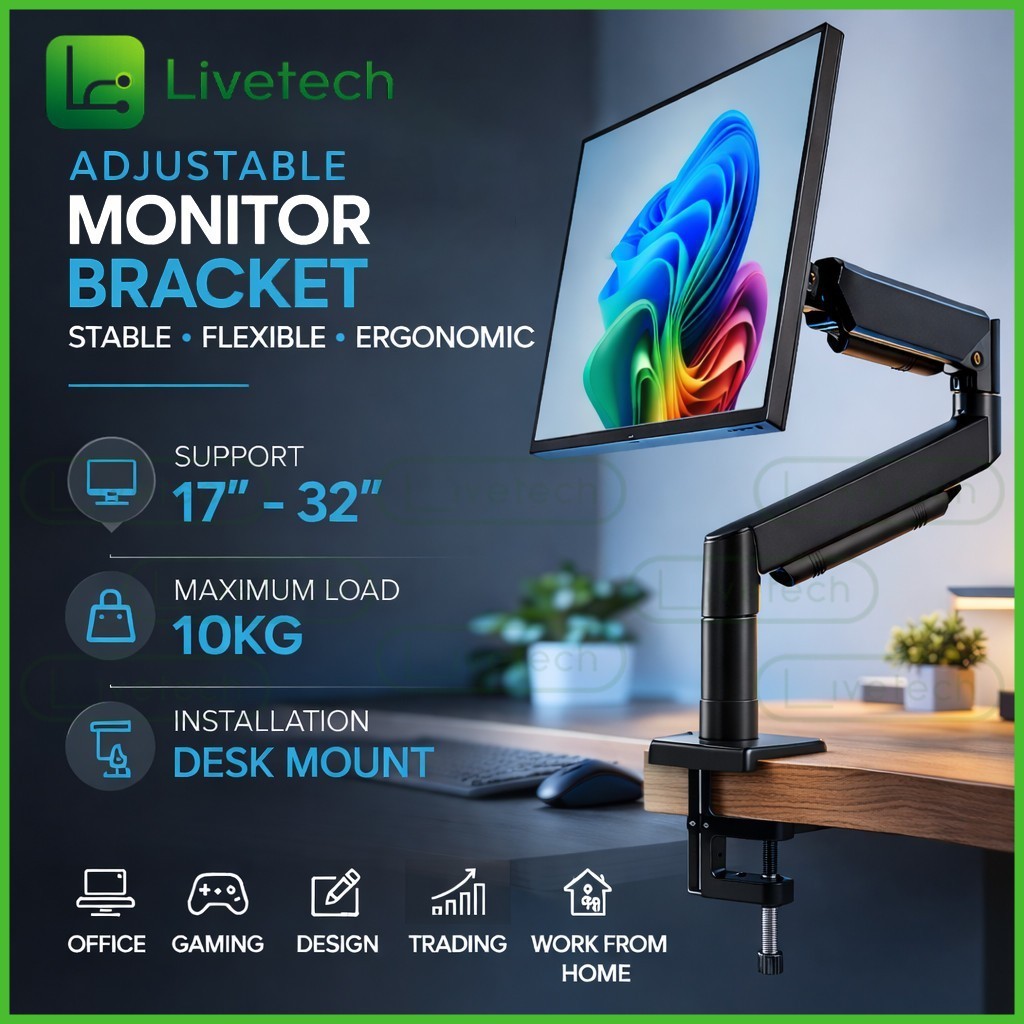 LiveTech Monitor Arm Desktop Mount Bracket 17”-32”Monitor Stand 360 ...