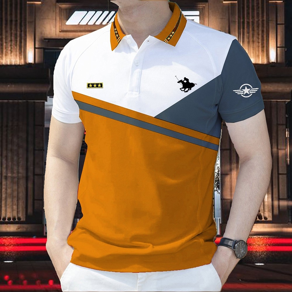 Men's Polo Shirt Orange White Geometric Stripe Polo Player Star Badge ...